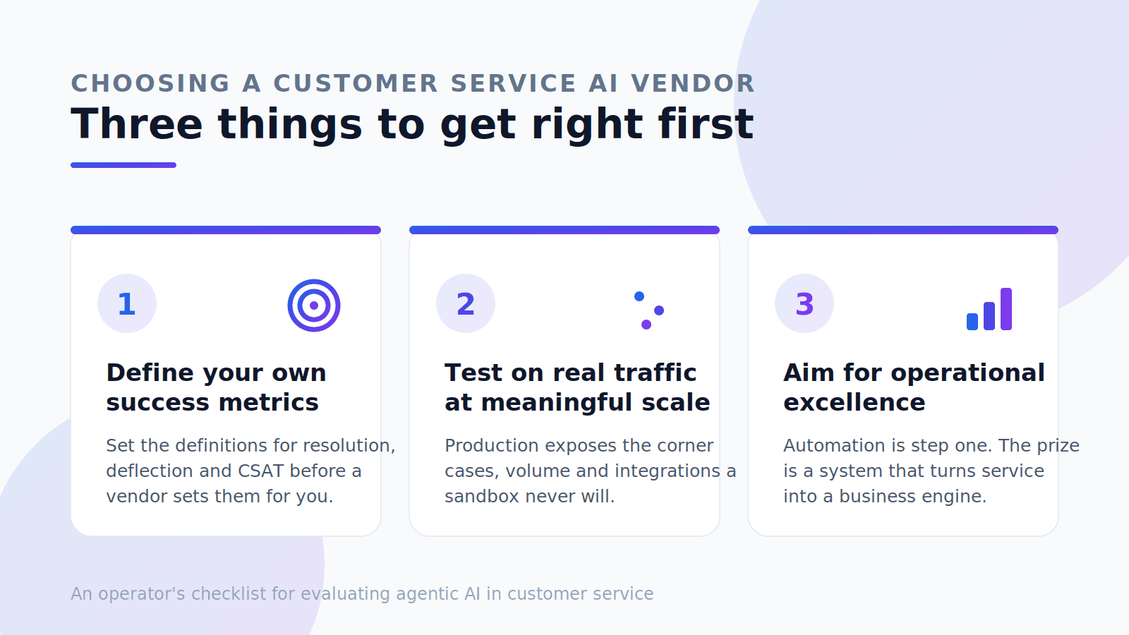 Three things to get right when choosing a customer service AI vendor: define your own metrics, trial on real traffic, and aim for operational excellence.