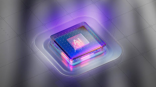 Translucent microchip with glowing AI lettering